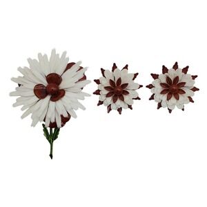 Flower Power Daisy Brooch Clip Earrings White Brown Flexible Petals Set Vintage